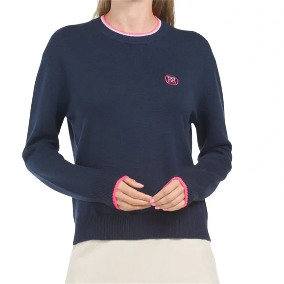 G/FORE Womens Sz Large Circle G's 100% Merino Wool Navy Relaxed Crew Sweater NWT - Picture 2 of 5